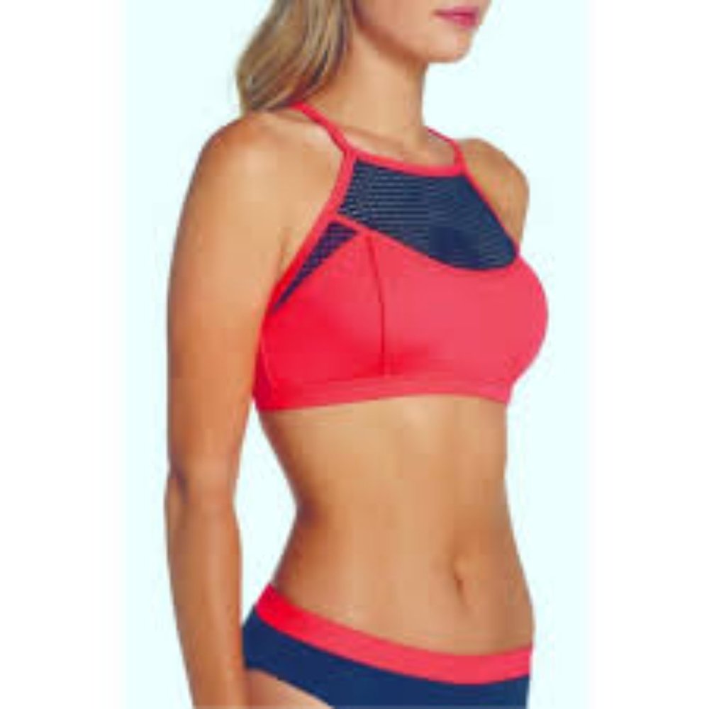 ZELLA SWIM Black Red Hibiscus Bikini Top Cut-Out Back Large NWOT